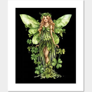 Lovely Saint Patrick's Day Fairy standing in four leaf clovers and shamrocks happy St. Patricks Day Posters and Art